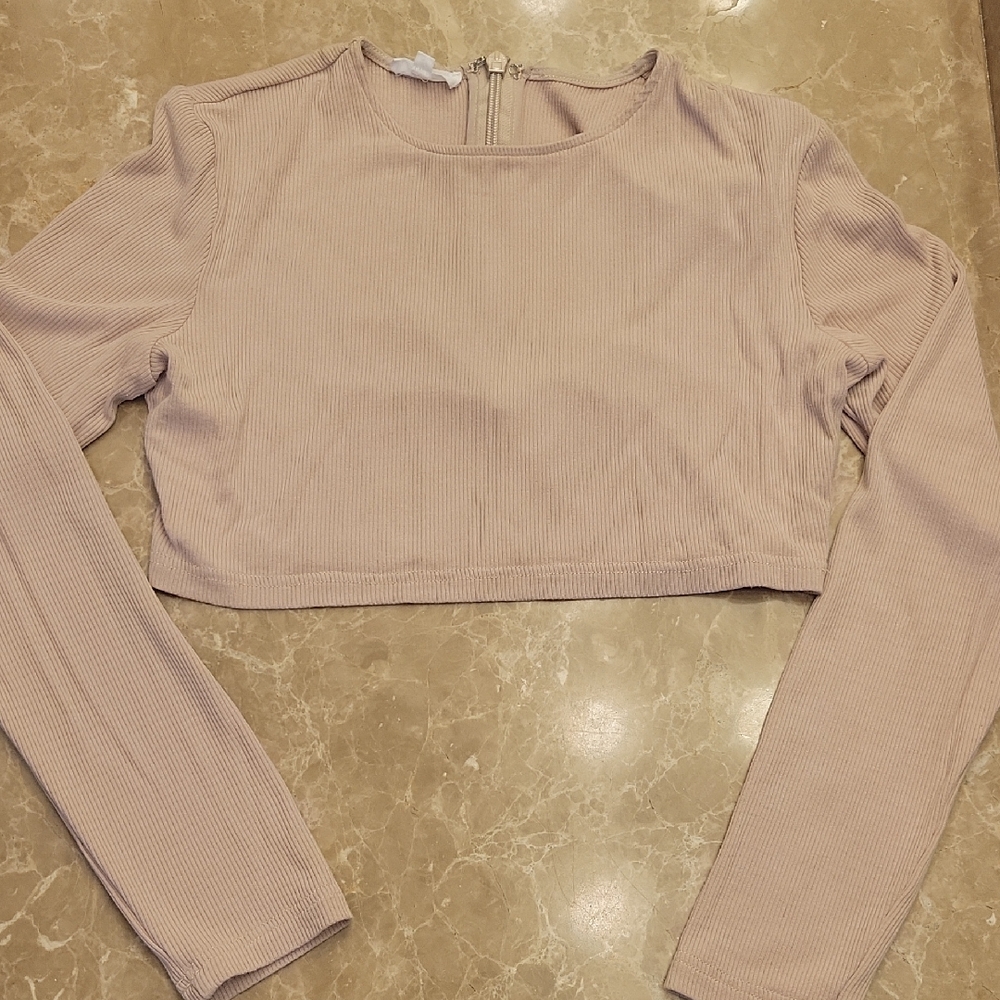 Elegant Beige Long Sleeve Crop Top, L